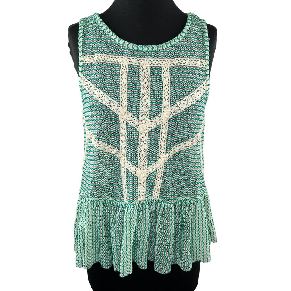 FREE PEOPLE Mint Green White Chevron Knit Tank Top Embroidered Cut Out Back XS
